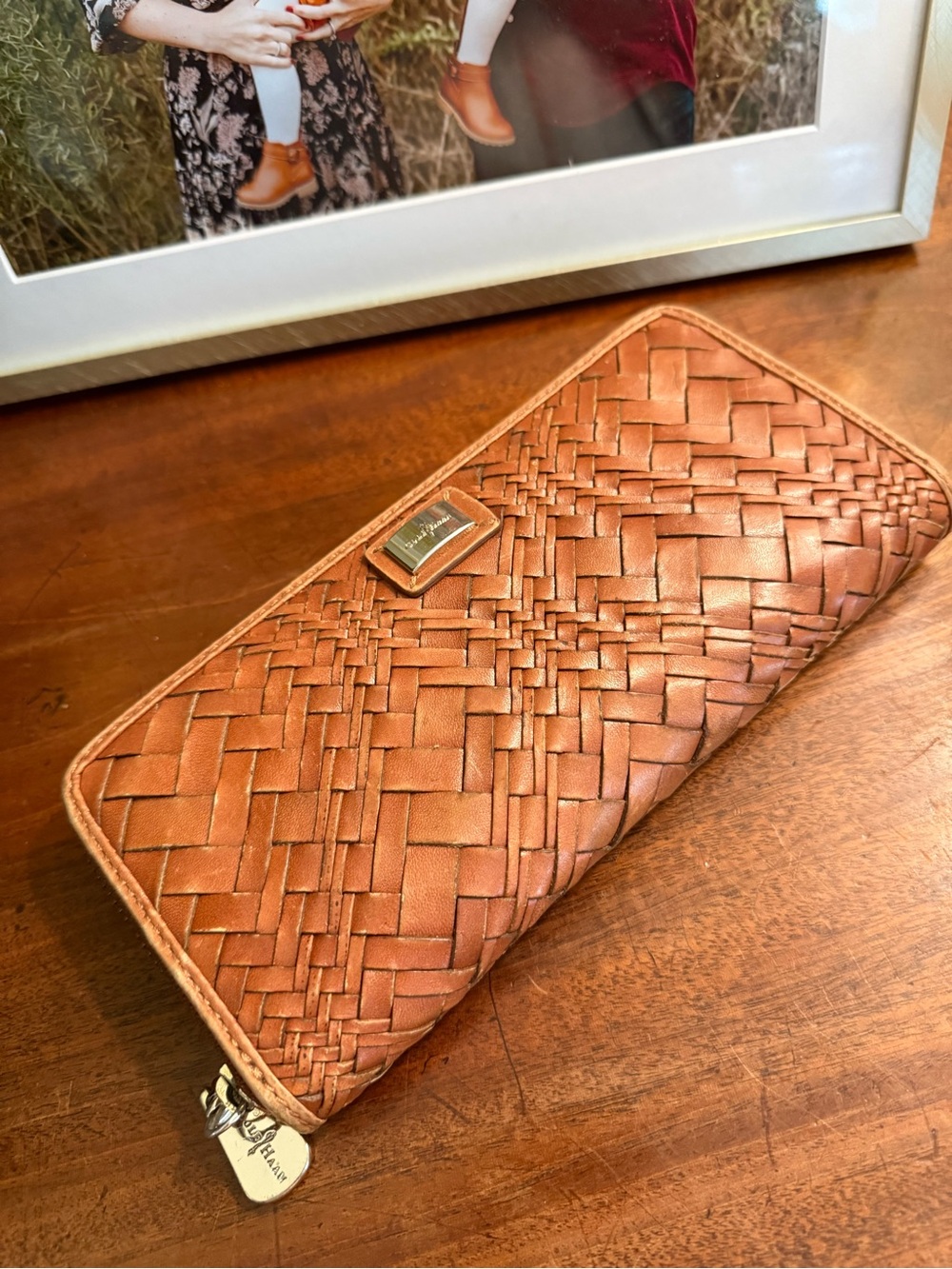Cole Haan British Tan Hand Woven Genevieve Leather Zip Continental Wallet